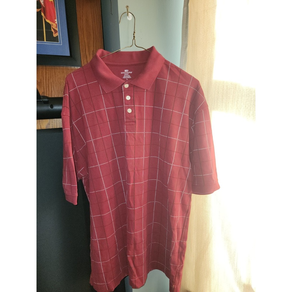 Men's Docker Golf Polo Shirt Size L Red Plaid Print Short Sleeve Collared Shirt